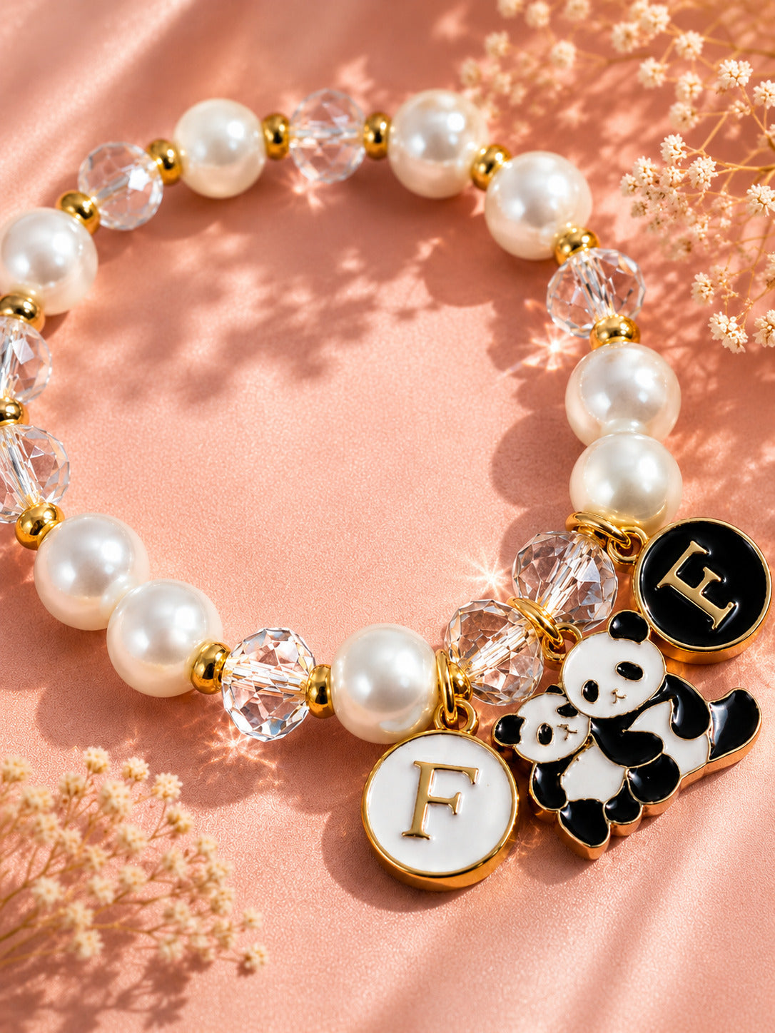 PANASH Cute Panda Charm Pearl Friendship Bracelet with Gold Earrings – Luxury Gift Set