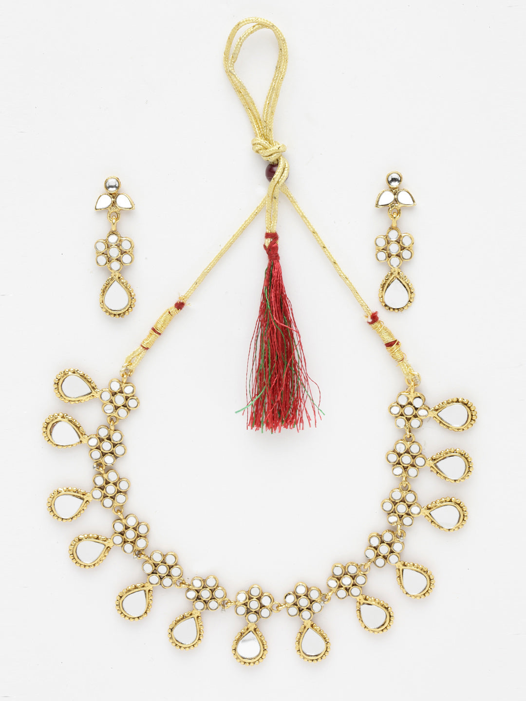 Gold-Plated & Red Stone-Studded & Beaded Jewellery Set