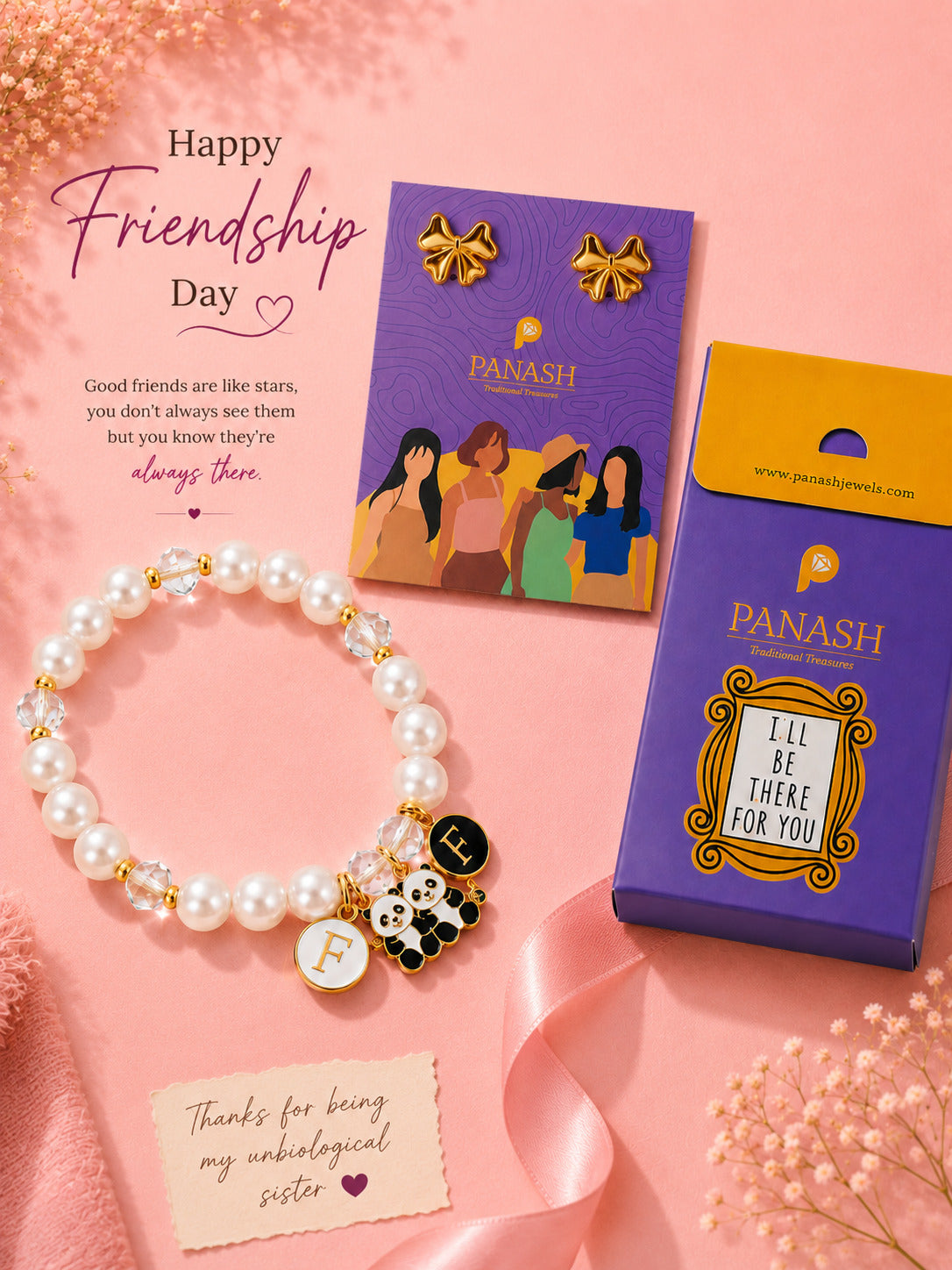PANASH Cute Panda Charm Pearl Friendship Bracelet with Gold Earrings – Luxury Gift Set