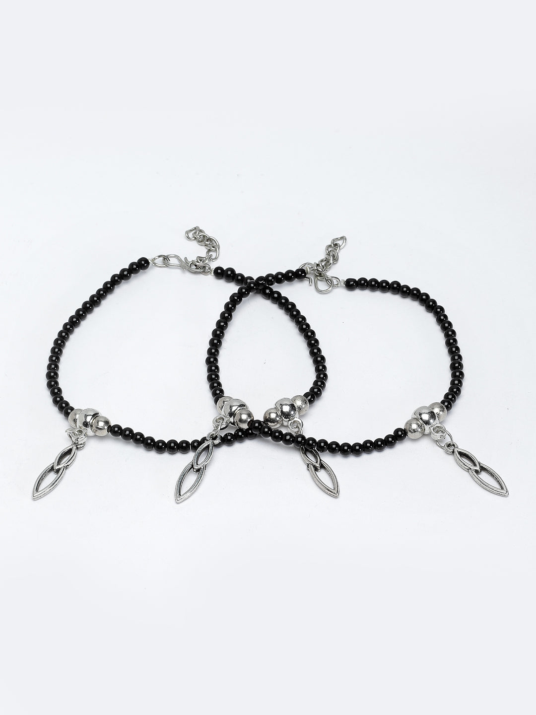 Set Of 2 Oxidized Silver-Plated Black Beaded Handcrafted Anklets