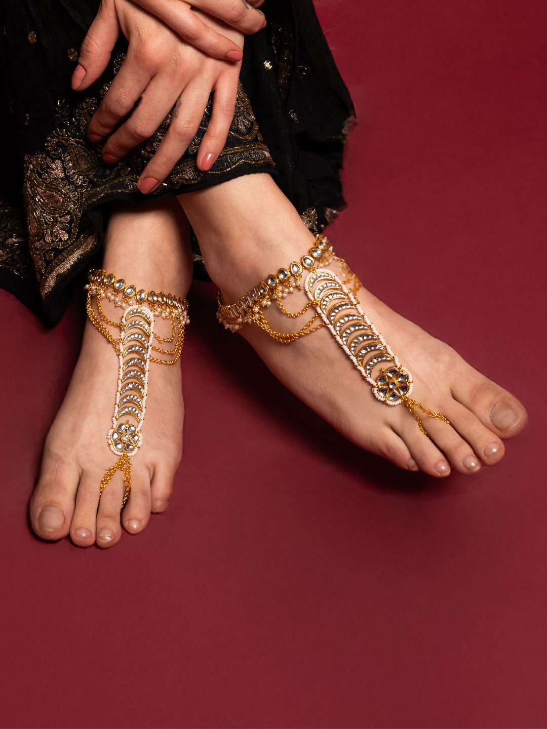 Gold-Plated Kundan Studded Kundan Anklet