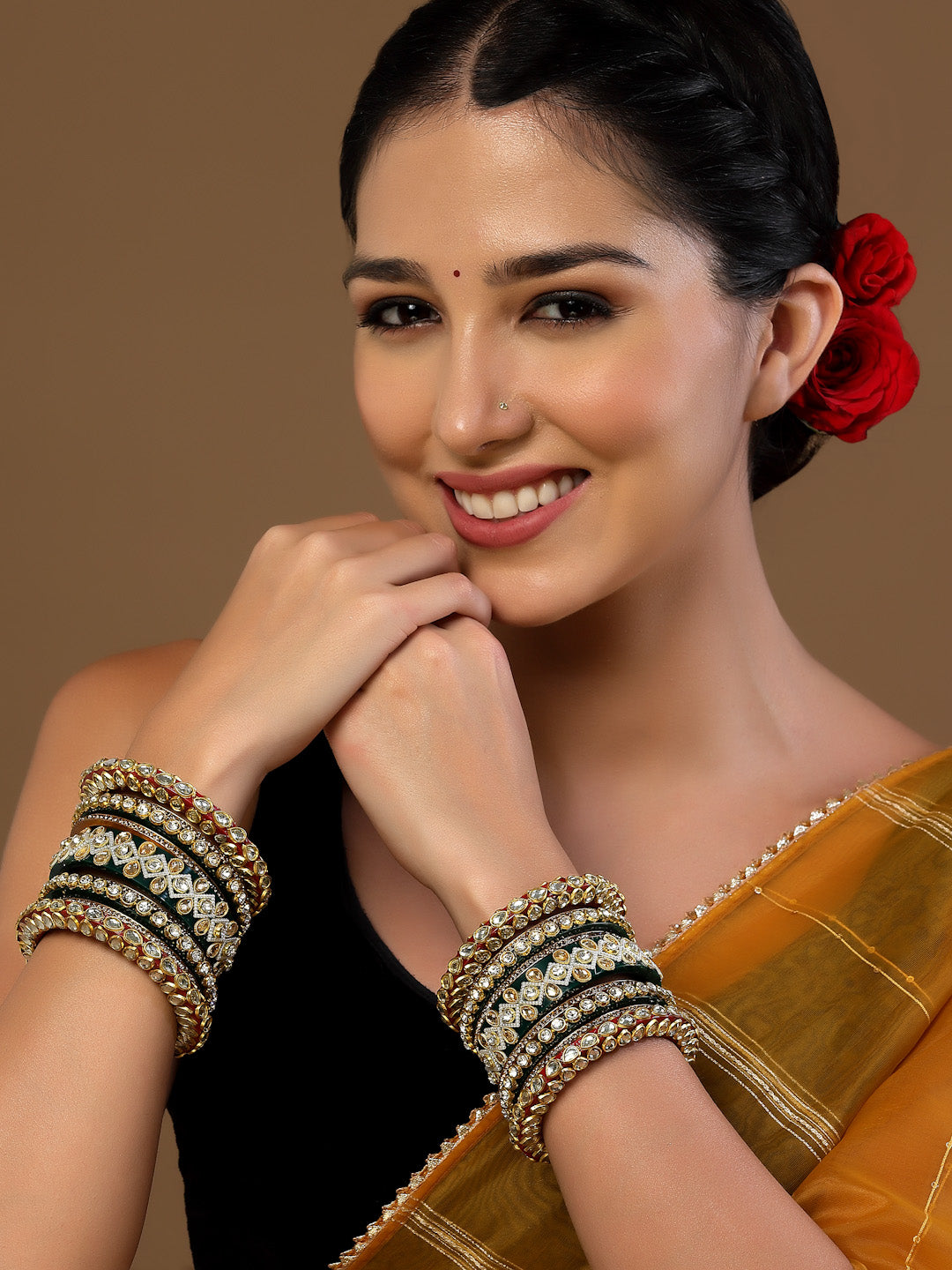 Set Of 16 Gold-Plated Stone Studded Bangles Chuda Set