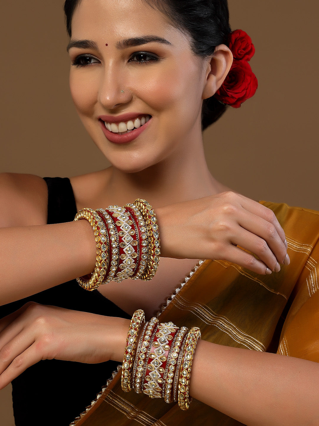 Set Of 16 Gold-Plated Stone Studded Bangles Chuda Set