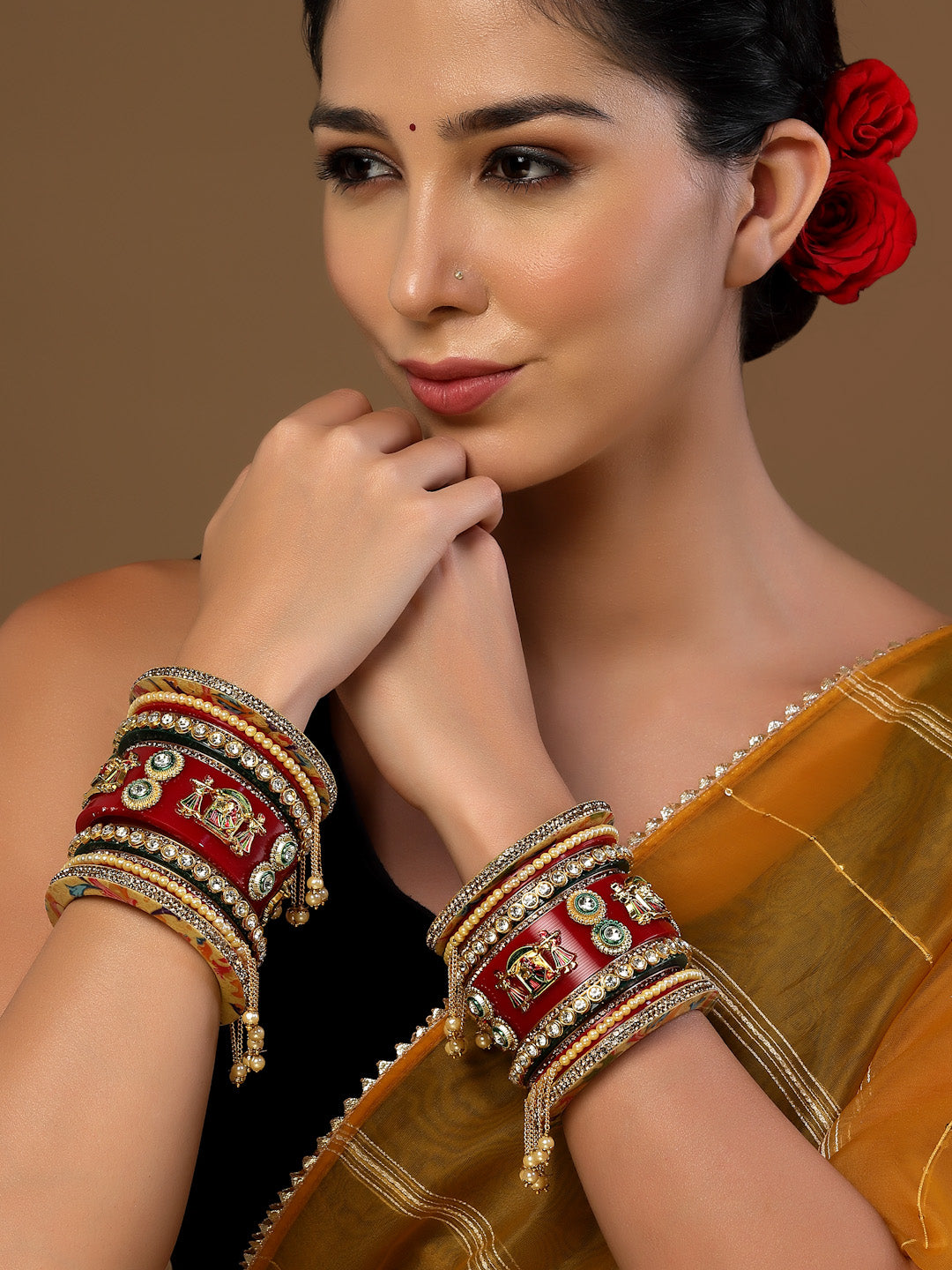 Set Of 22 Gold-Plated Stone-Studded & Beaded Bangles Chuda Set