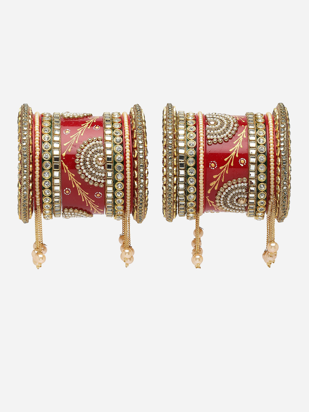 Set Of 18 Gold-Plated Stone-Studded & Beaded Bangles Chuda Set