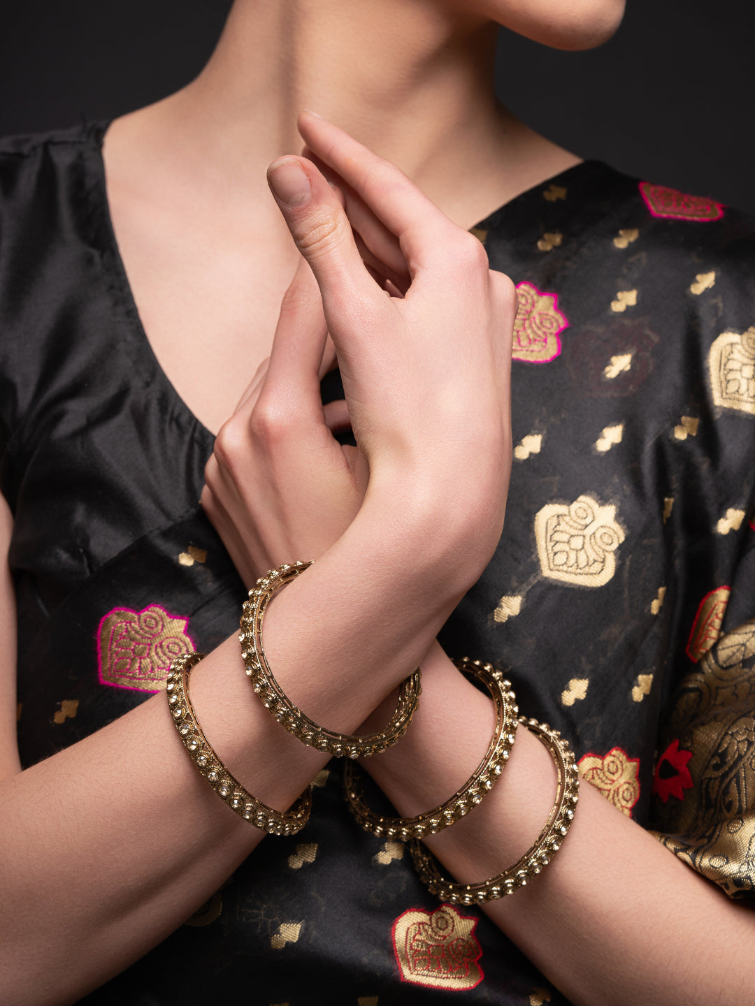 Gold-Plated American Diamond Stone-Studded & Beaded Finger Ring