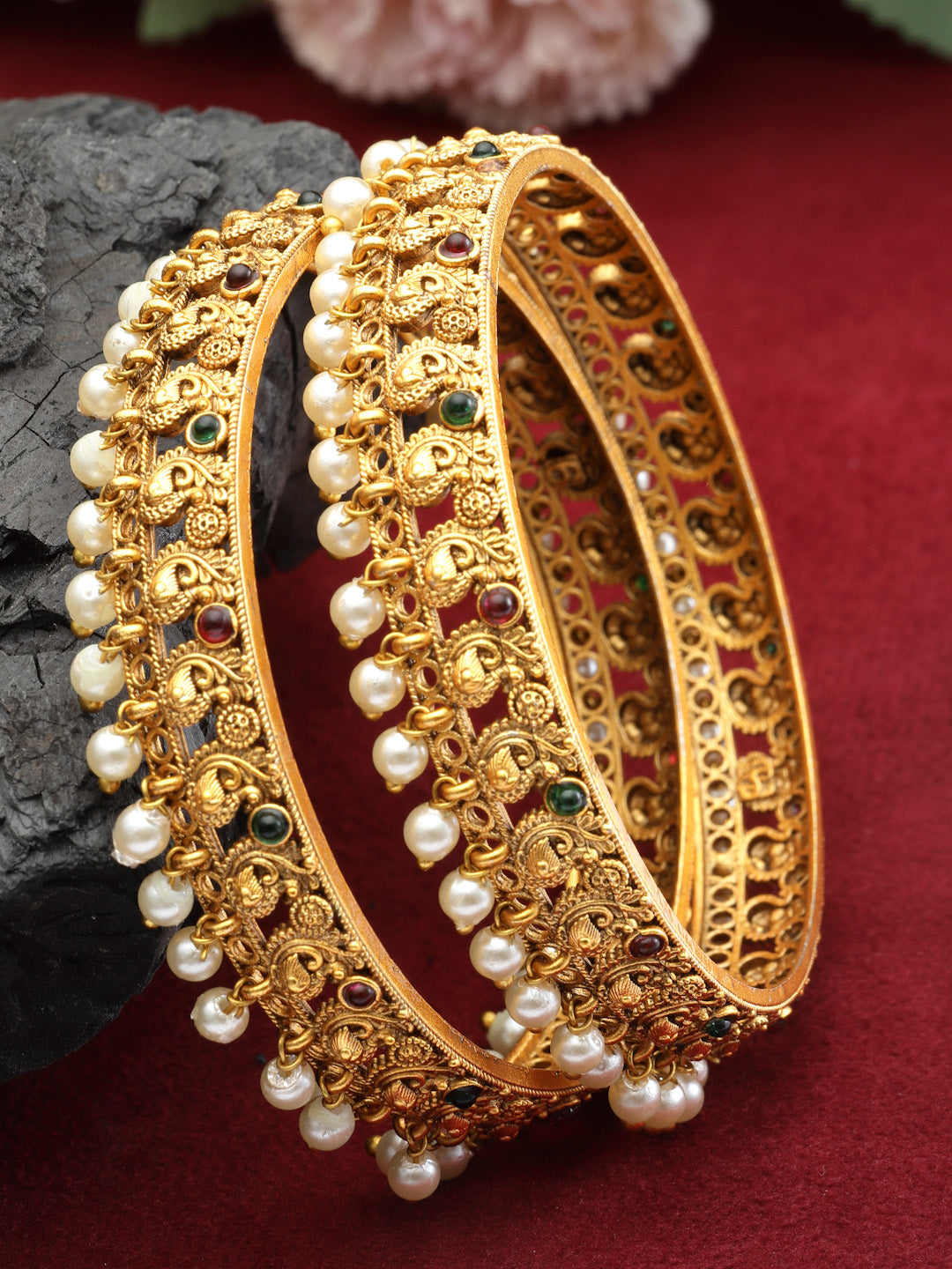 PANASH- Set Of 2 24 CT Gold-Plated Antique Bangles