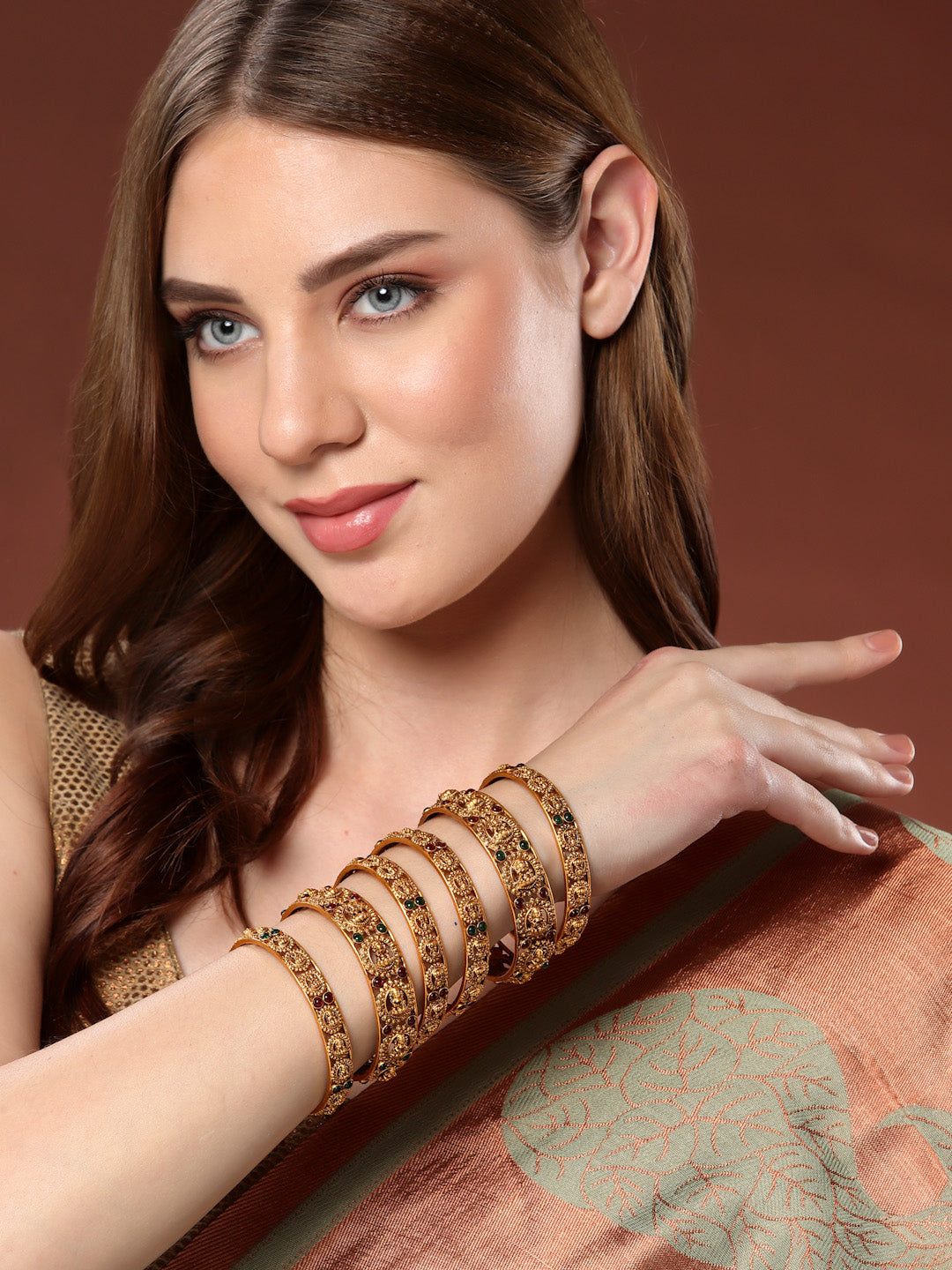 PANASH- Set Of 6 24 CT Gold-Plated Handcrafted Antique Bangles