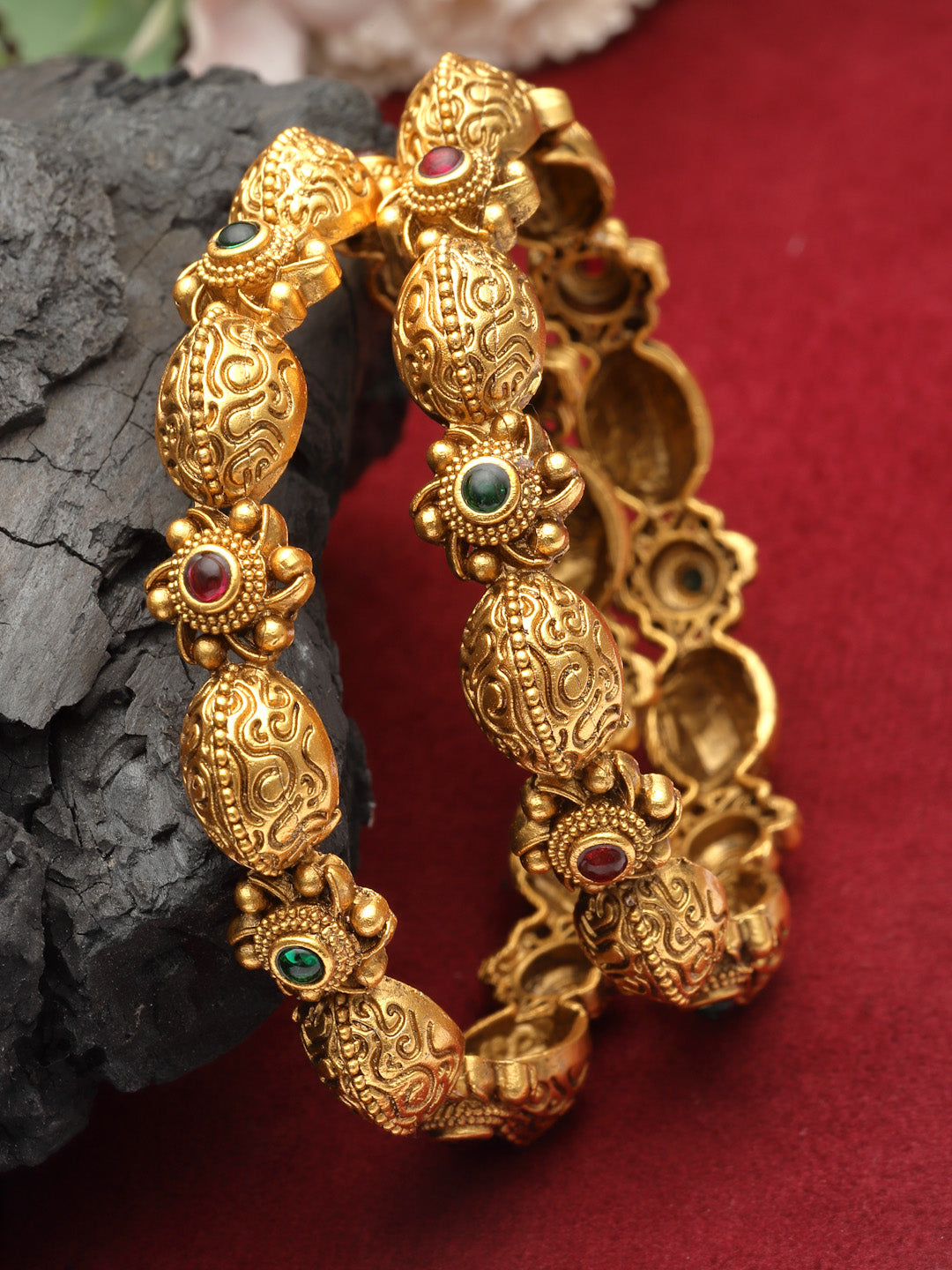 Set Of 2 24 CT Gold-Plated Handcrafted Antique Bangles