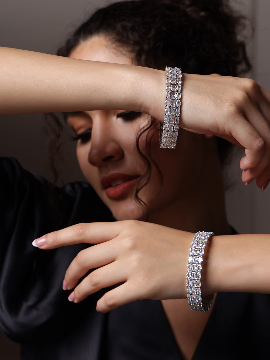 Set of 2 White AD Stone-Studded Rhodium-Plated Handcrafted Bangles