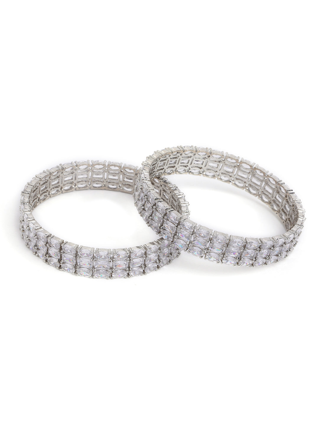 Set of 2 White AD Stone-Studded Rhodium-Plated Handcrafted Bangles