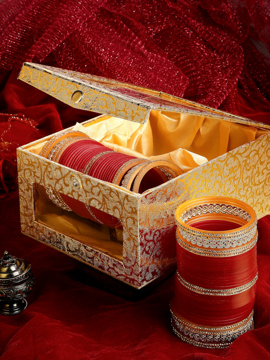 Gold-Plated Red AD-Studded Wedding Chuda Set Of 72