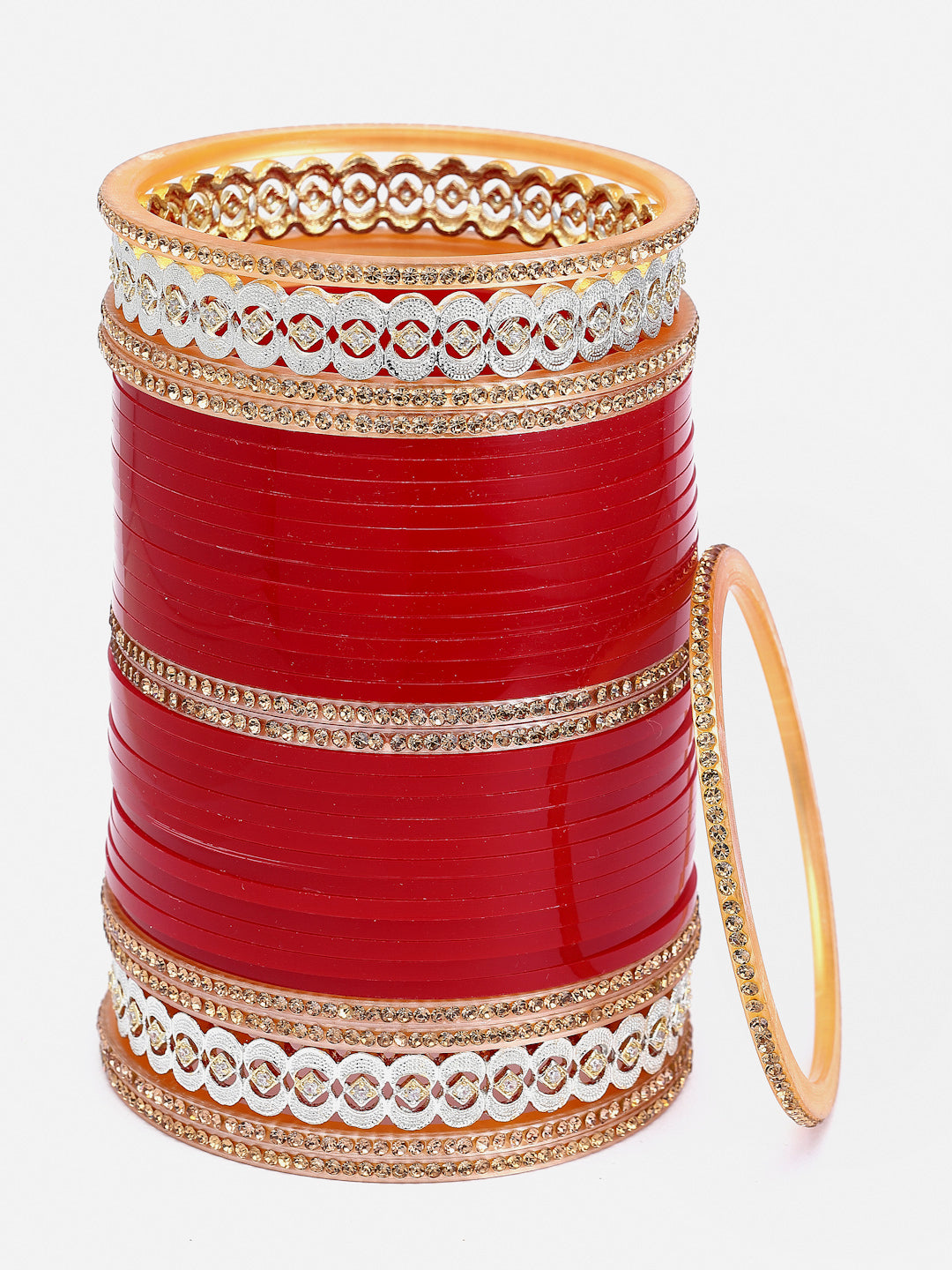 Gold-Plated Red AD-Studded Wedding Chuda Set Of 72