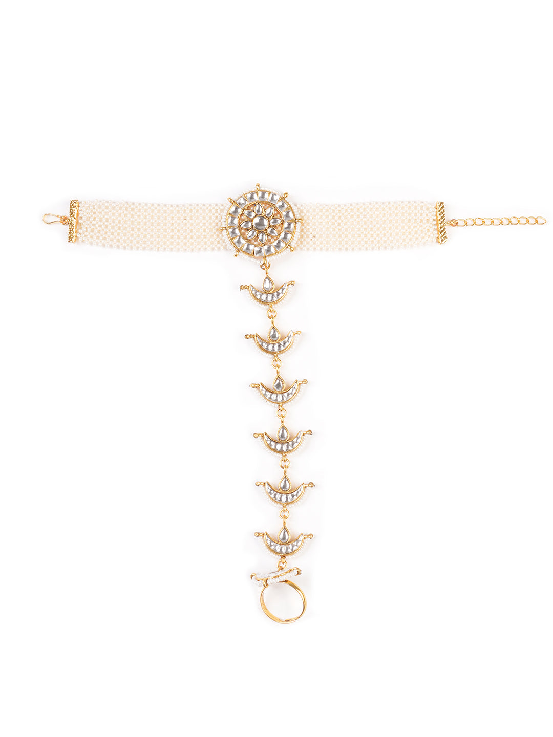 Gold-Plated Stones Studded & Beaded Hathphool Ring Bracelet