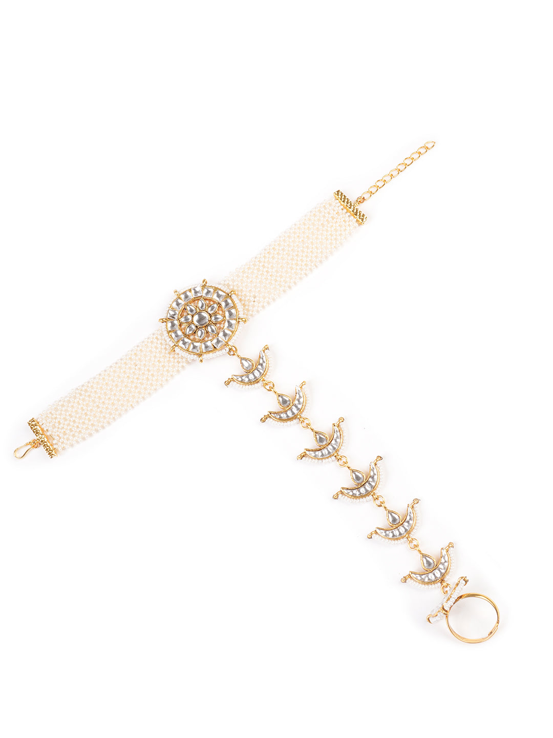Gold-Plated Stones Studded & Beaded Hathphool Ring Bracelet