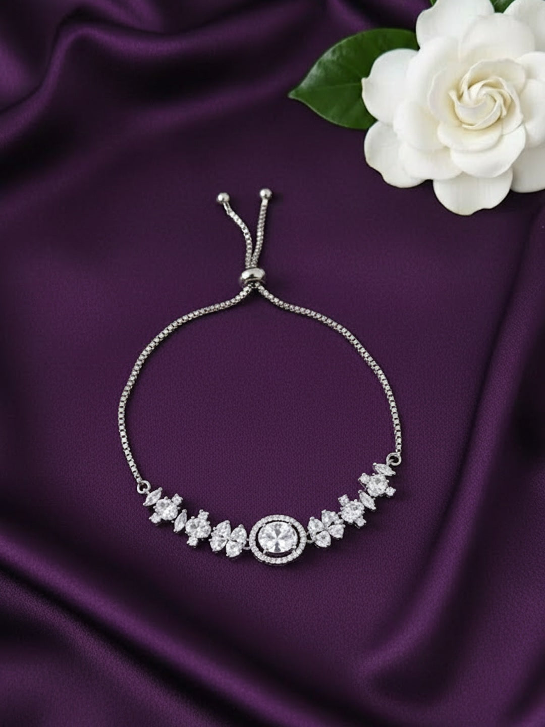 Women Brass American Diamond Silver-Plated Wraparound Bracelet