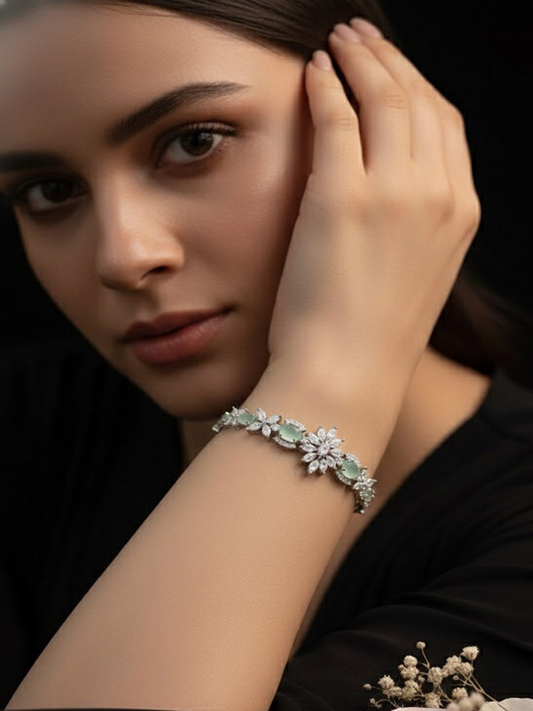 Women Brass American Diamond Silver-Plated Wraparound Bracelet