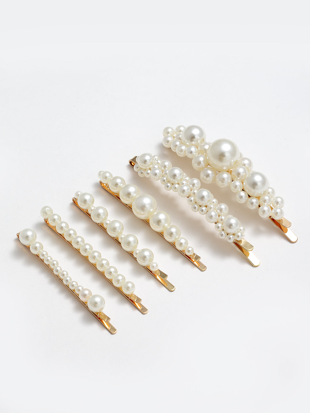 Women Set of 6 Gold-Toned & White Beaded Bobby Pins