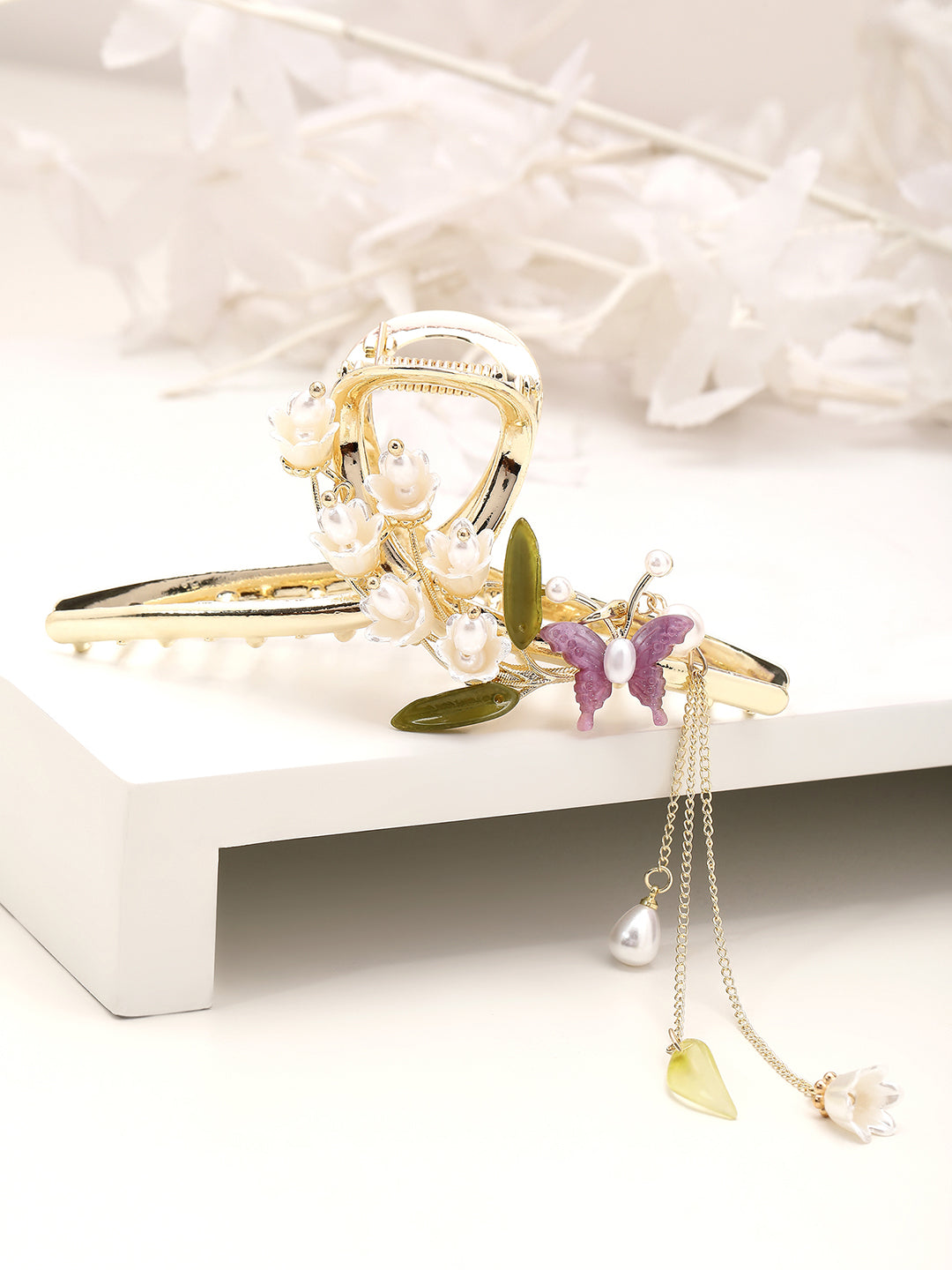 Gold-Plated Pearl Studded Floral Claw Clip