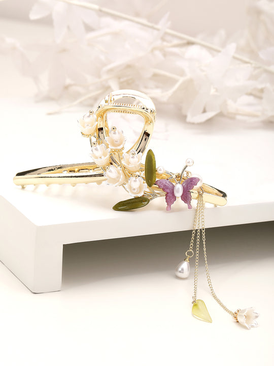 Gold-Plated Pearl Studded Floral Claw Clip