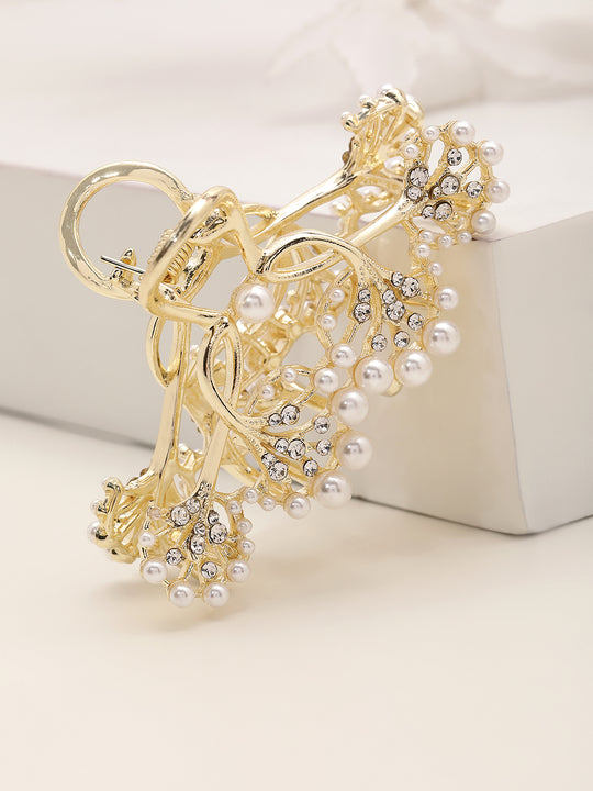 Gold Plated Stone & Pearls Studded Claw Clip