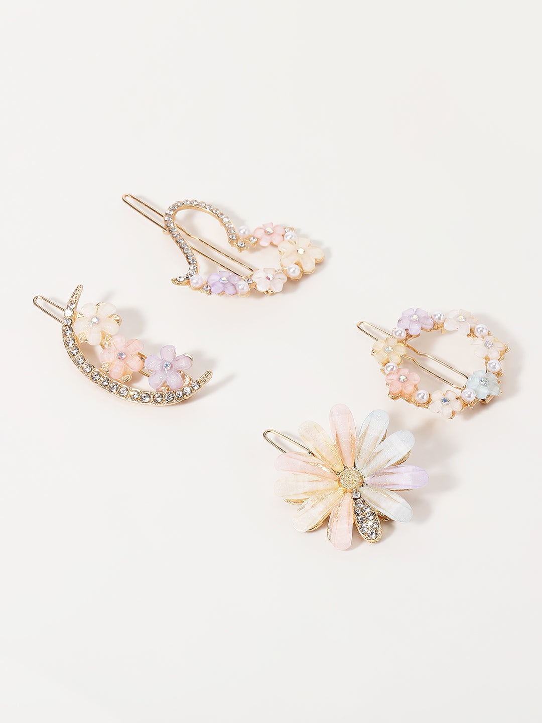 Set of 4 Gold-Plated CZ-Stone Studded Floral Bumpit Hair Pin