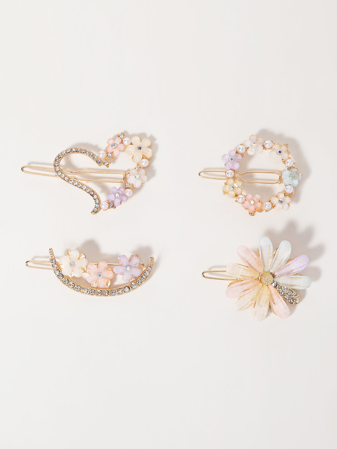 Set of 4 Gold-Plated CZ-Stone Studded Floral Bumpit Hair Pin