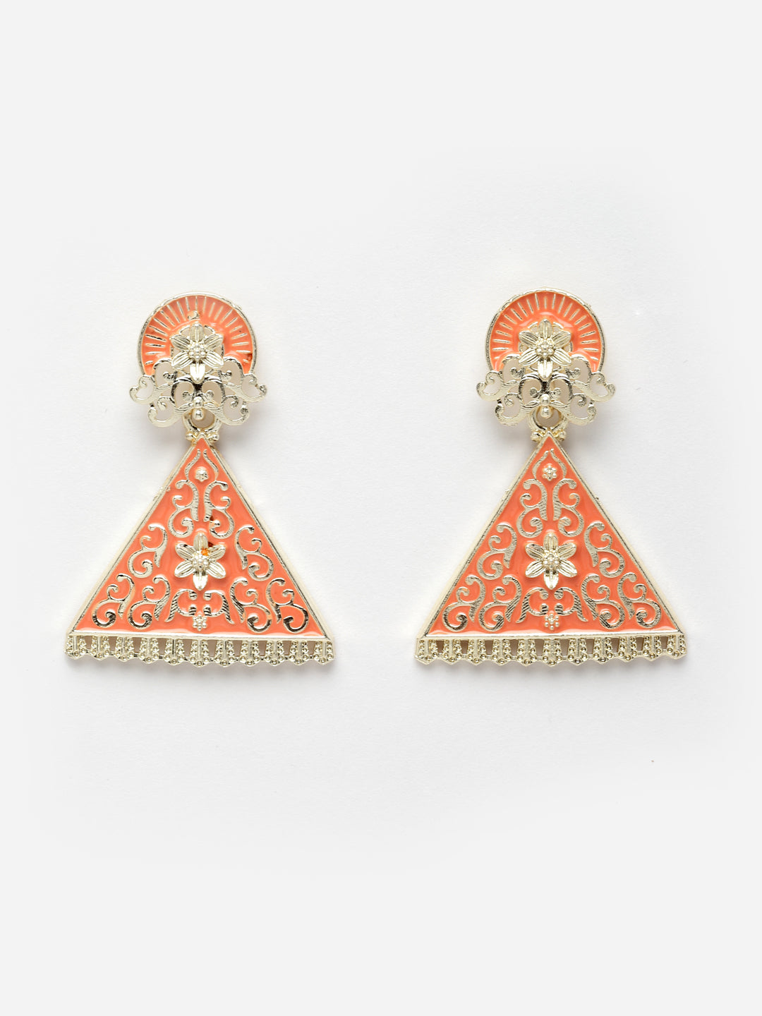 Gold-Toned and Orange Triangular Meenakari Drop Earrings