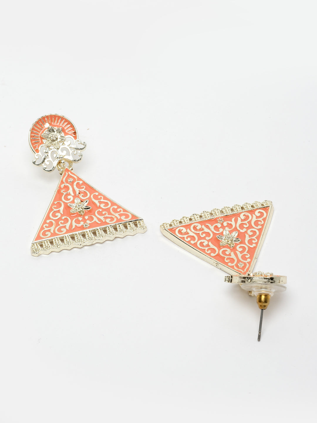 Gold-Toned and Orange Triangular Meenakari Drop Earrings