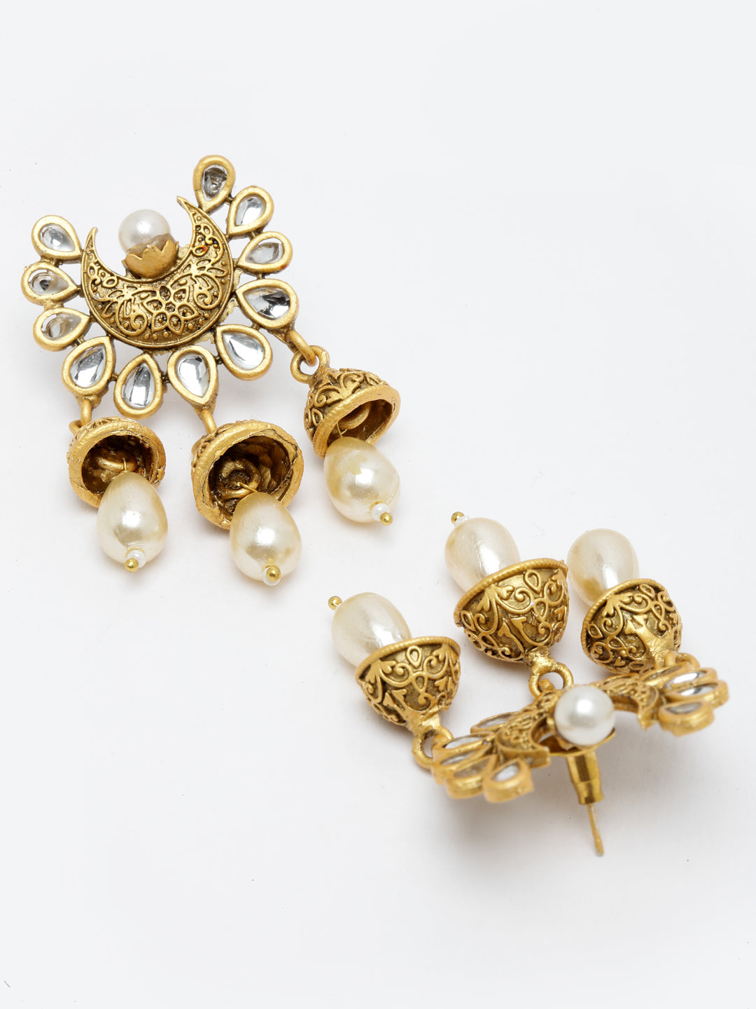 Gold-Toned & Off White Crescent Shaped Jhumkas Earrings