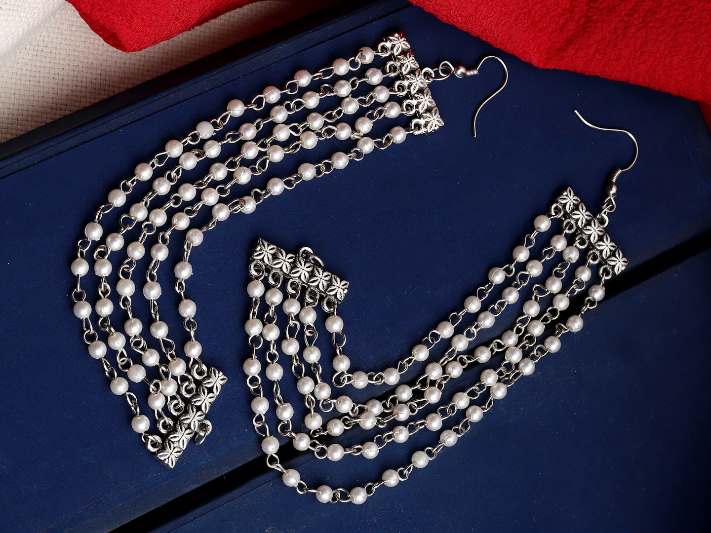 Oxidised Silver-Plated Pearls Layered Ear Chains