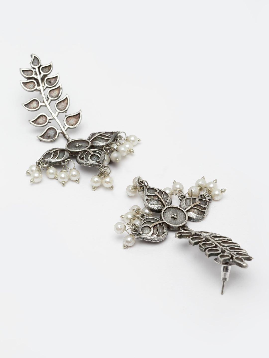 Silver-Plated Pearls Oxidised Leaf Shaped Drop Earrings