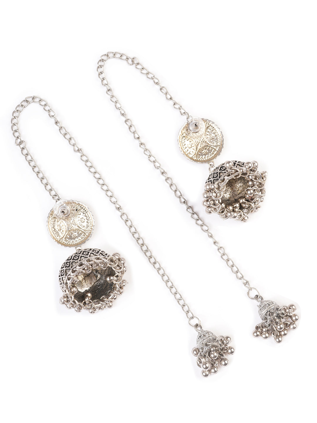 Silver-Plated Dome Shaped Oxidised Traditional Chain Jhumkas