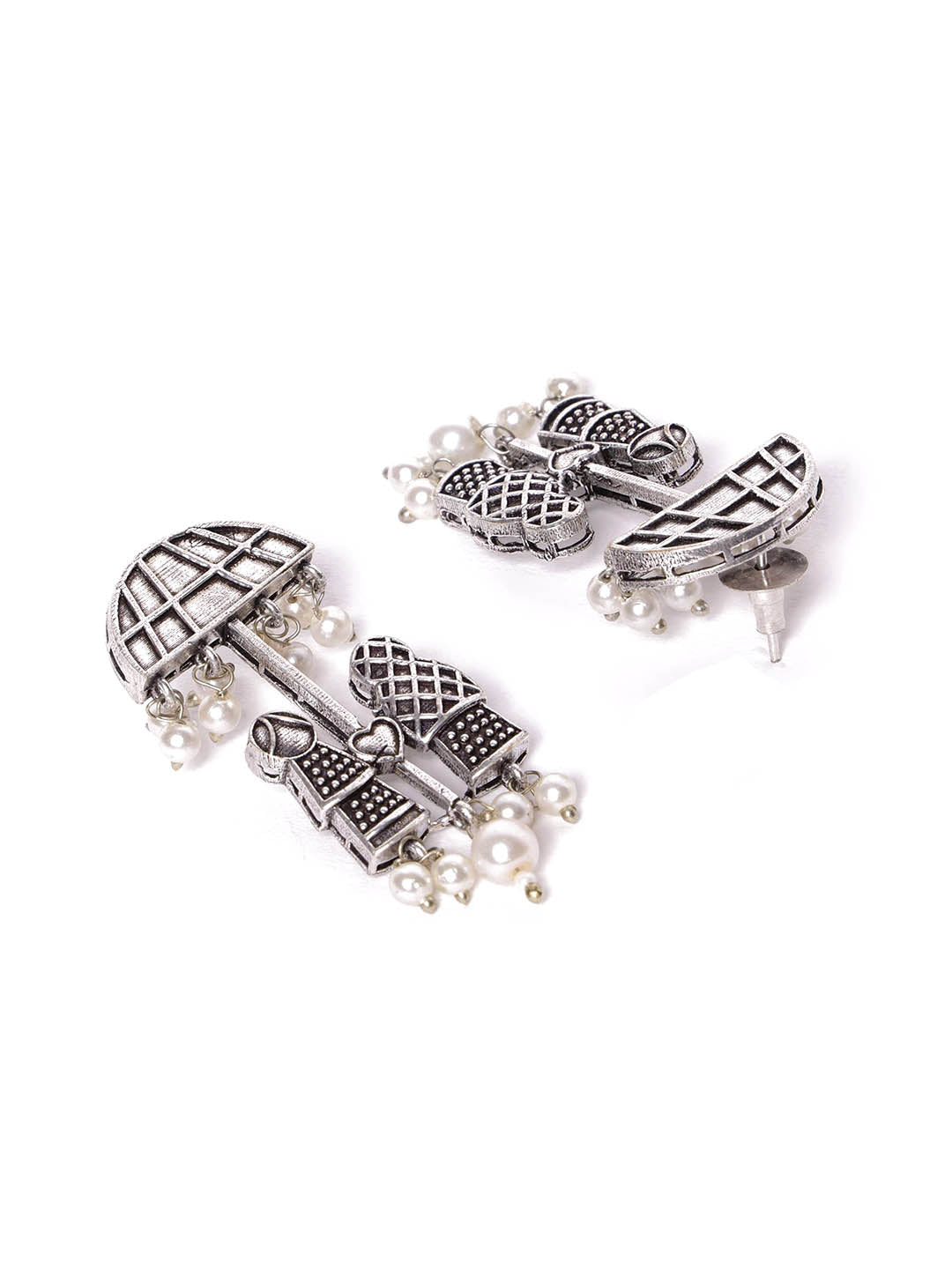 Silver Plated Artificial Beads Oxidized Contemporary Drop Earrings