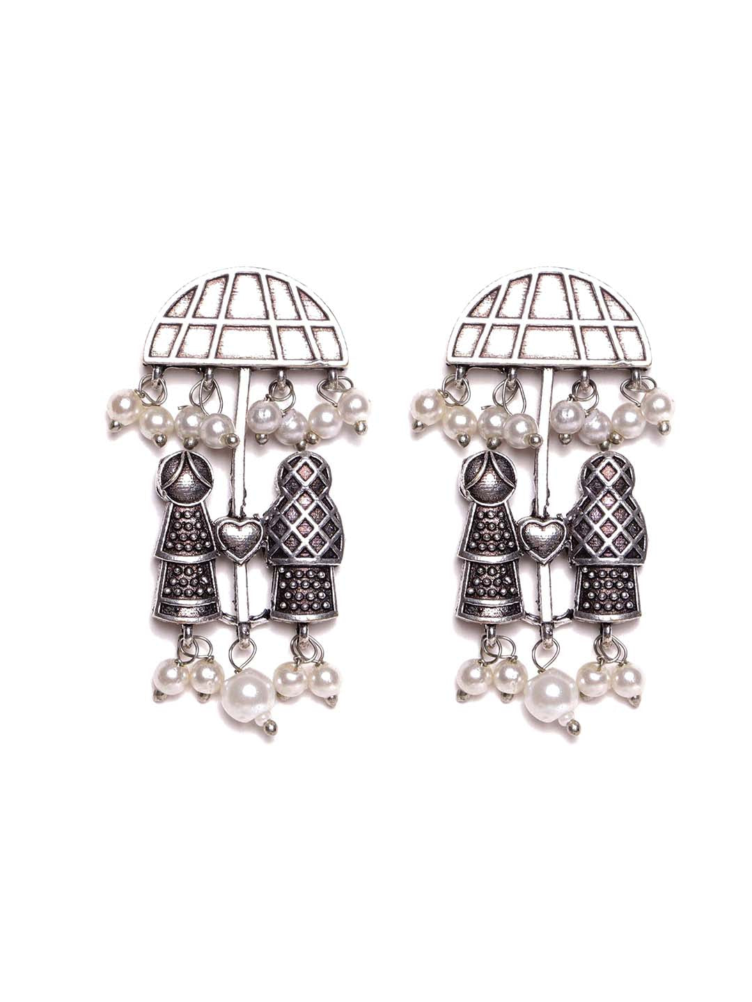 Silver Plated Artificial Beads Oxidized Contemporary Drop Earrings