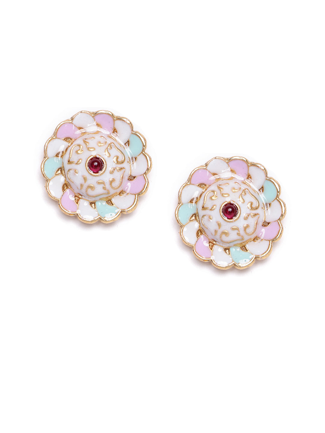 Set Of 3 Gold-Plated Circular Stone Studded & Beaded Studs