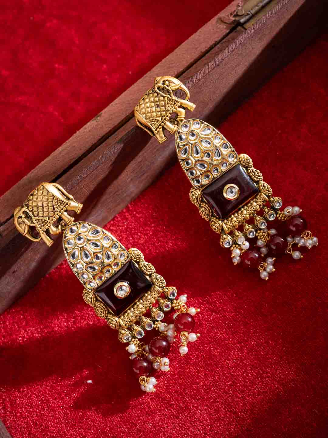 Gold-Plated Artificial Stones Studded & Beaded Contemporary Shaped Drop Earrings