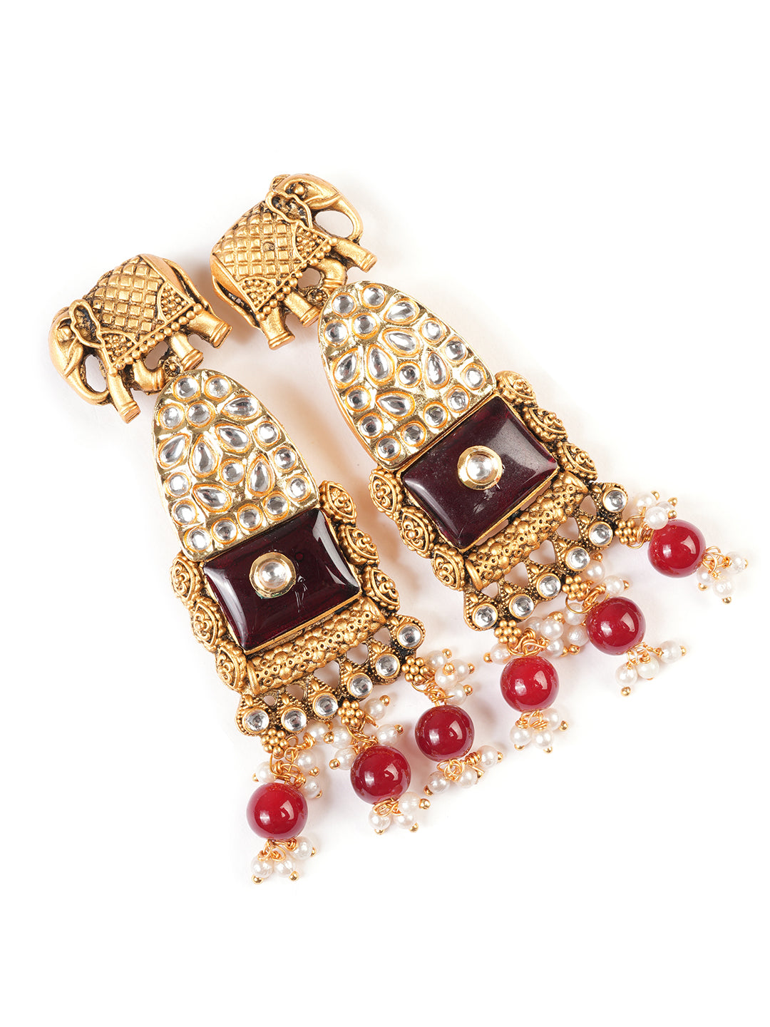 Gold-Plated Artificial Stones Studded & Beaded Contemporary Shaped Drop Earrings