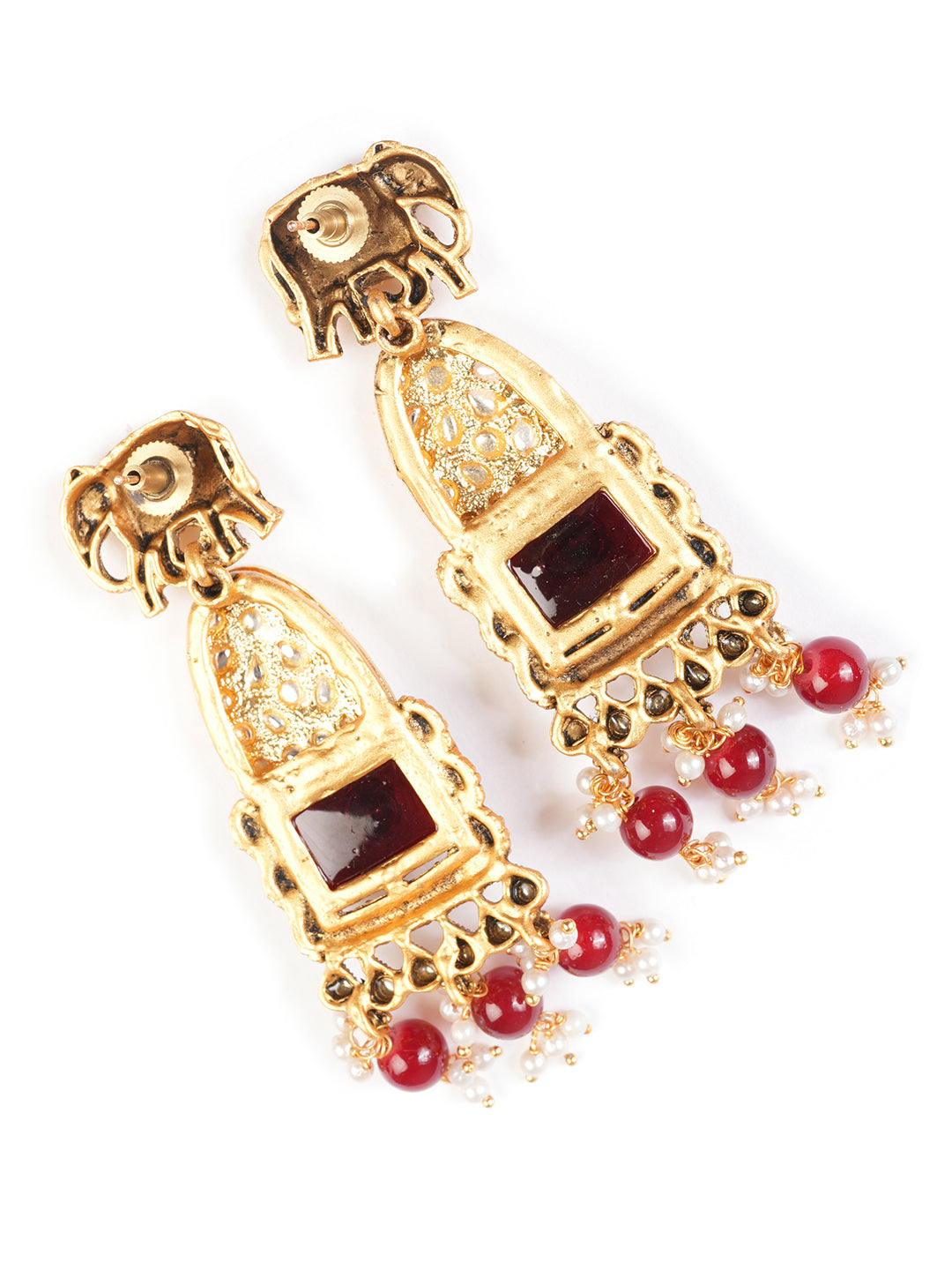Gold-Plated Artificial Stones Studded & Beaded Contemporary Shaped Drop Earrings