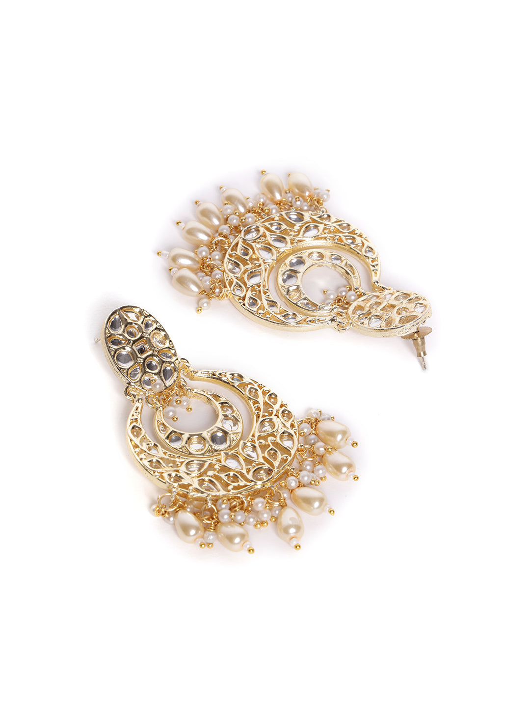 Gold-Plated Artificial Stones Studded and Beaded Contemporary Shaped Drop Earrings