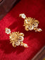 Gold-Plated Stones Studded & Beaded Floral Shaped Drop Earrings