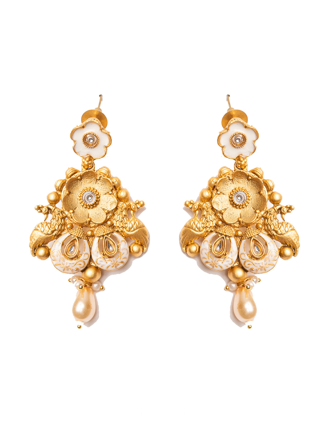Gold-Plated Stones Studded & Beaded Floral Shaped Drop Earrings