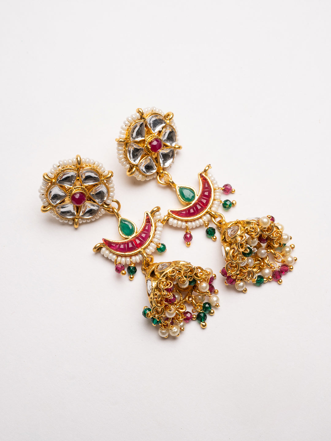 Gold-Plated Artificial Stones Studded And Beaded Contemporary Shaped Jhumkas