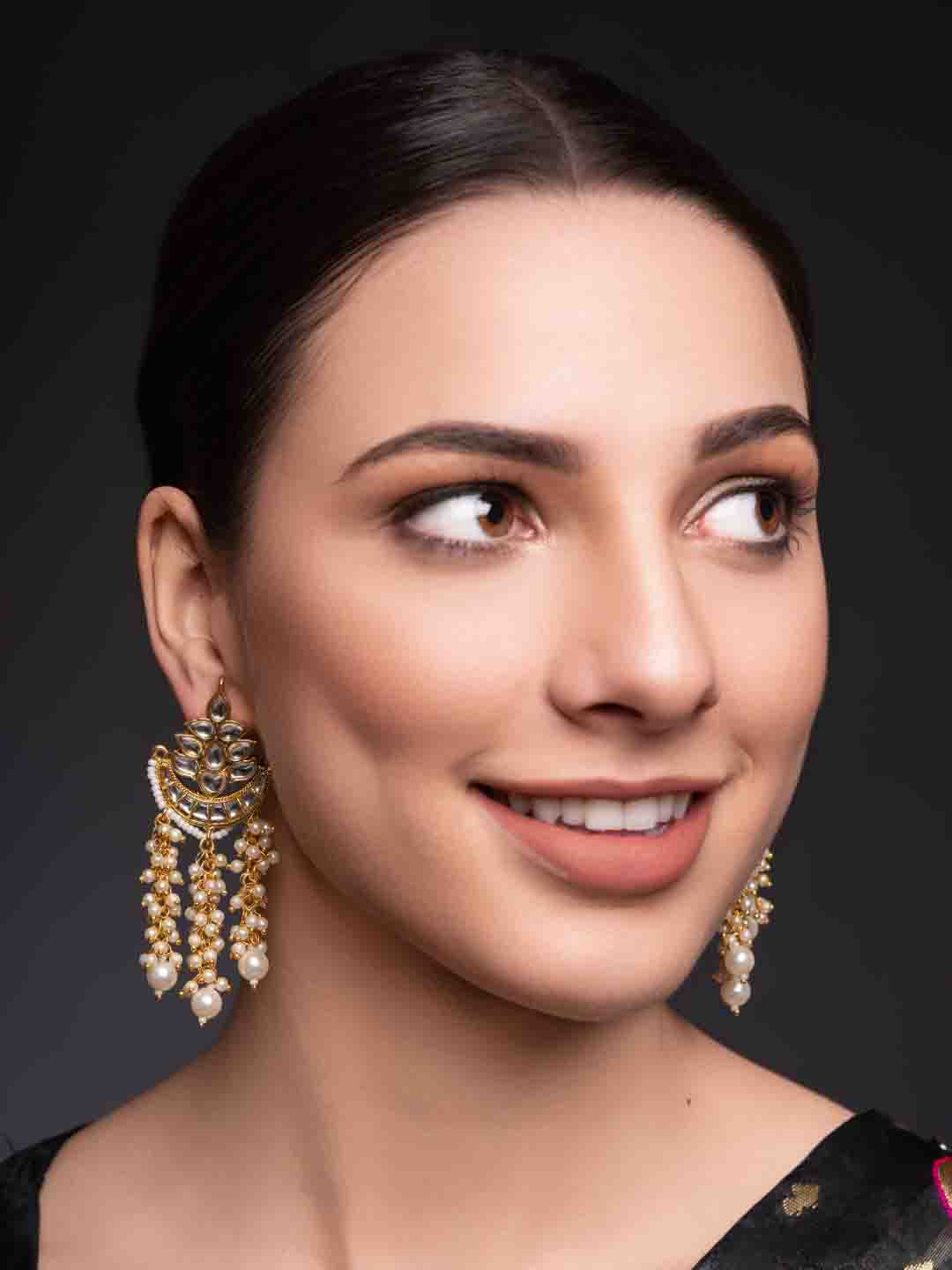 Gold-Plated Artificial Stones Studded & Beaded Contemporary Shaped Drop Earrings