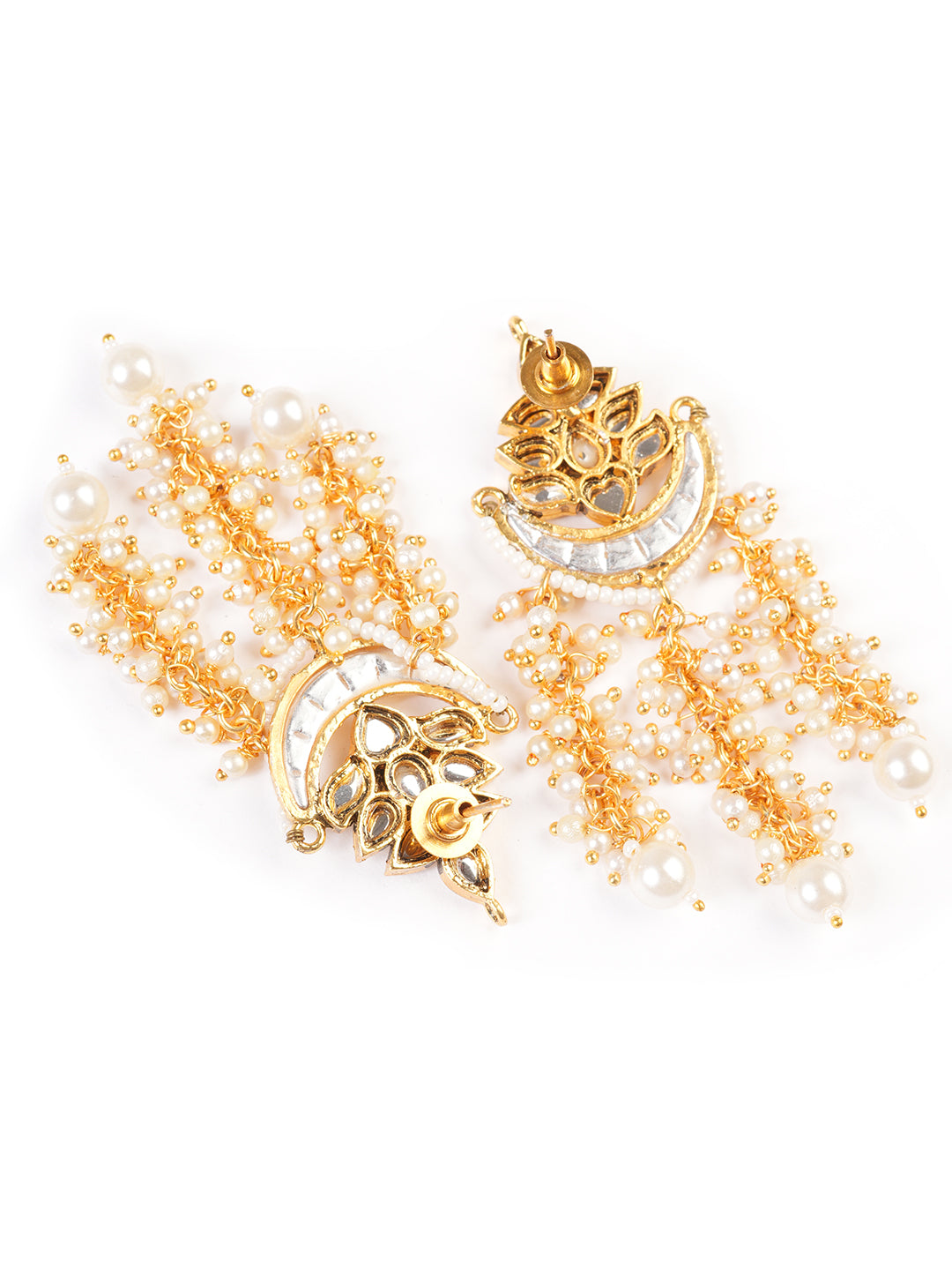 Gold-Plated Artificial Stones Studded & Beaded Contemporary Shaped Drop Earrings