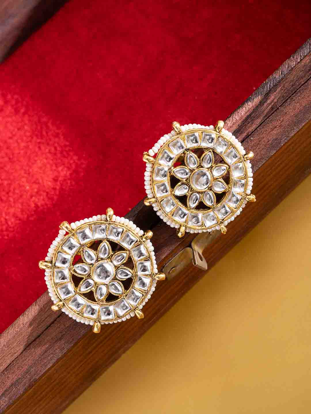 Gold-Plated Artificial Stones Studded And Beaded Circular Shaped Studs