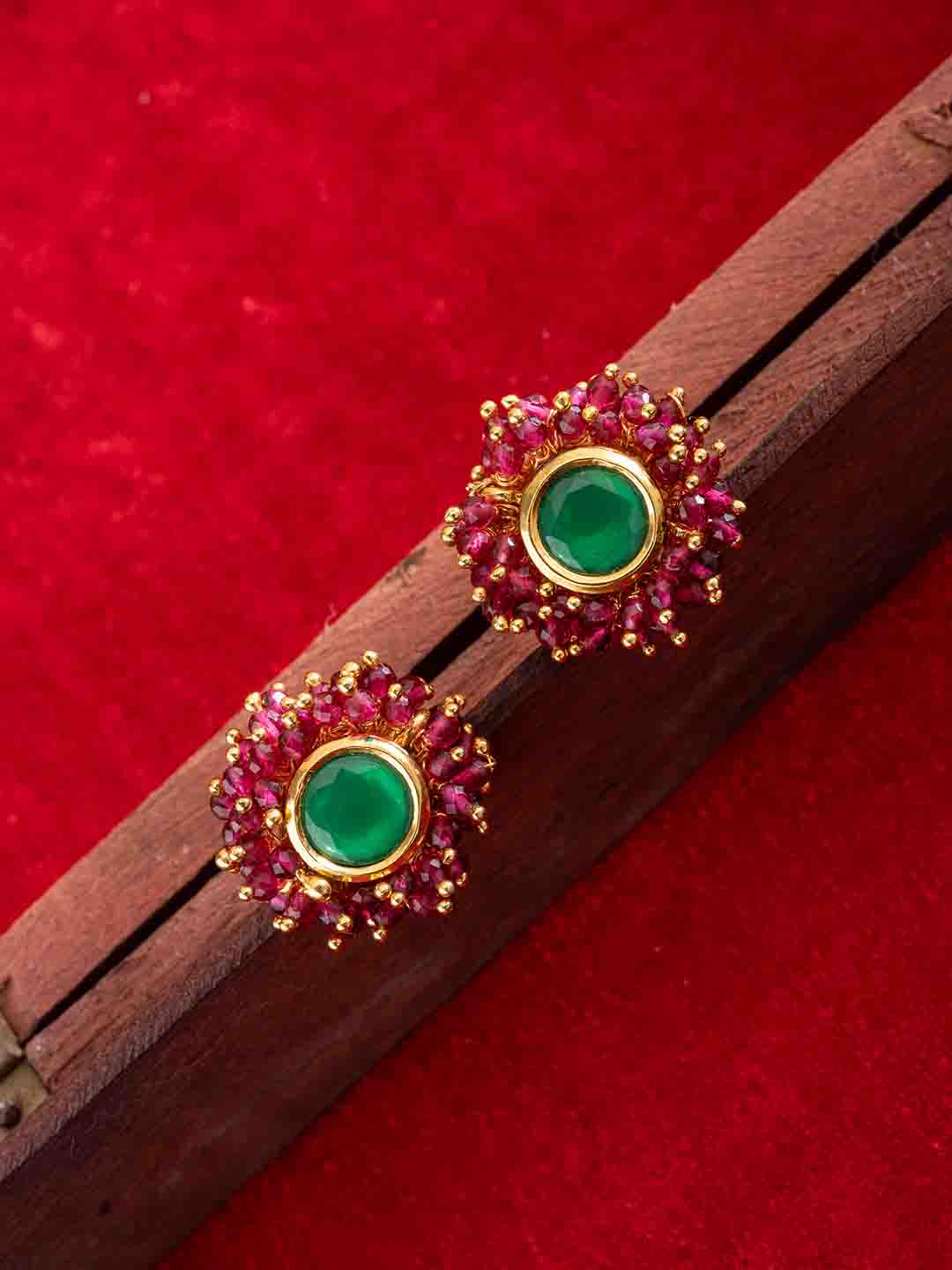 Gold-Plated Stones Studded And Beaded Circular Shaped Studs