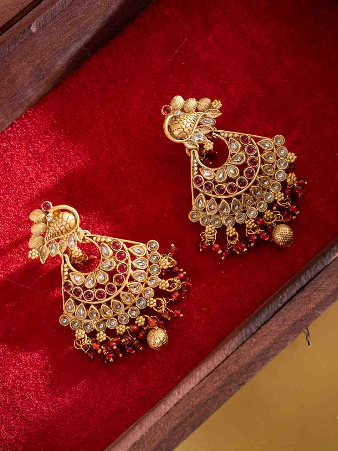 Gold-Plated Artificial Stones Studded & Beaded Crescent Shaped Drop Earrings