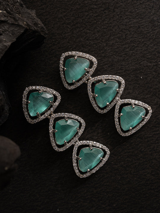Silver -Plated Stones Studded Triangular Shaped Drop Earrings