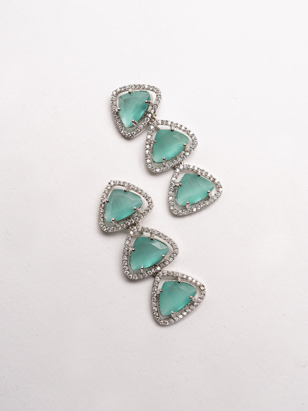Silver -Plated Stones Studded Triangular Shaped Drop Earrings
